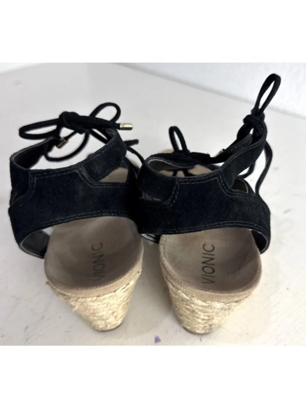 Vionic Noble Tansy Black Suede Lace up Strappy Espadrille Wedge Sandals Size 10